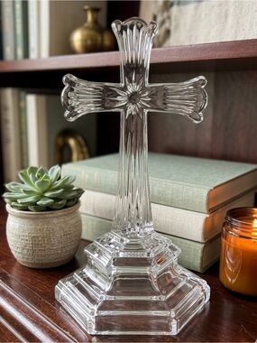 Vintage Deplomb Leaded USA Crystal Glass Cross Statue Figurine Christian 7”